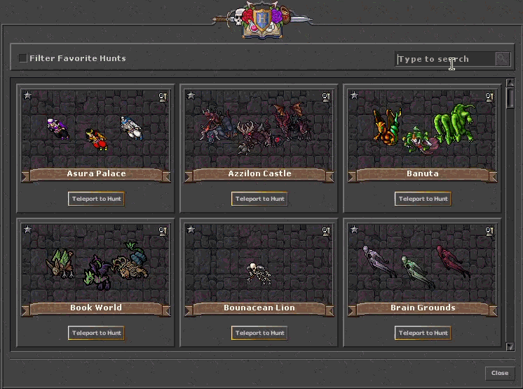 Filtrar hunts favoritos no Warp System